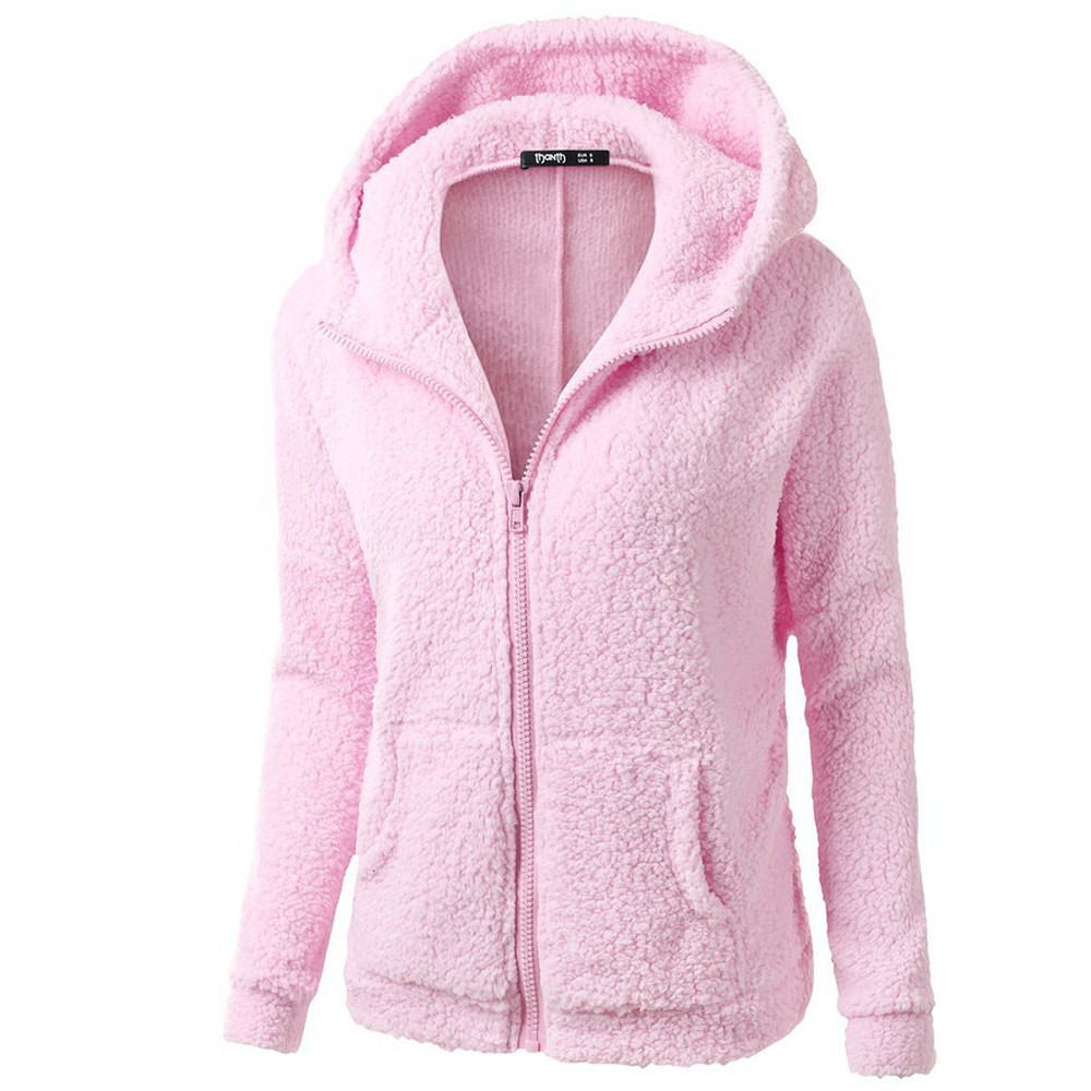 40# Women Fleece Teddy Hoodies Zipper Pocket Hooded Hoodies Coat Winter Warm Wool Zip-up Cotton Coat Outwear Casual Sweatshirt