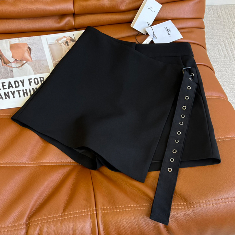  Summer Women High Waist Shorts Black Cropped Hem Belt Button Skirt Shorts Loose Wide Leg Streetwear  Simple Culottes
