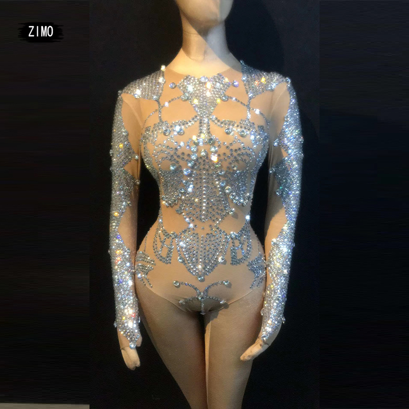Sexy Silver Rhinestone Bodysuit Womens bar Nightclub Showgirl Dance pole Party Elastic Leotard Stage Costumes festival 