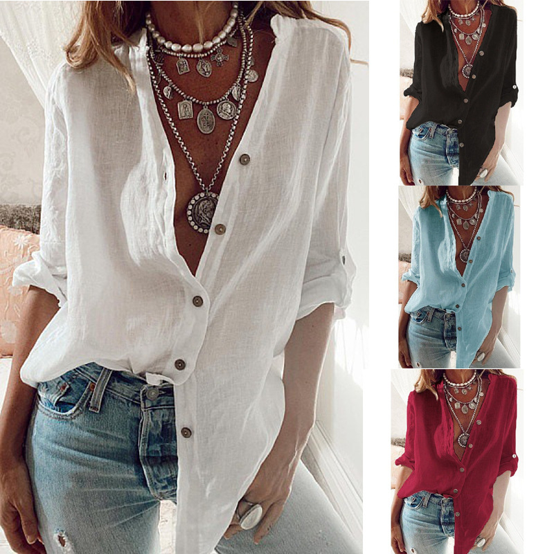 S-5XL Autumn and Summer Pure Color Cotton Women Blouse Rollable Sleeves Loose-Fitting V-neck Long Sleeves Tops Womens Tops