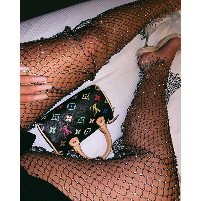 Crystal Diamond Mesh Pants Women Sexy Summer Hollow Out Transparent Loose Long Fishnet Pants  BeachWear Trousers