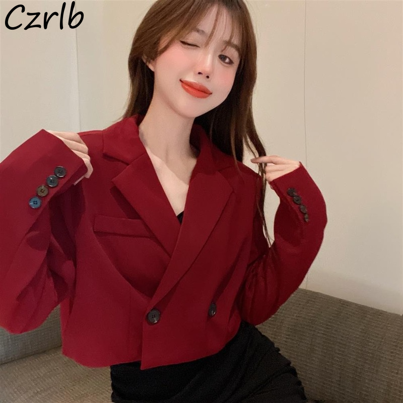 Blazers Women  Crop Temperament Harajuku  Style Outwear Autumn Notched Clothing Design Female Y2k Streetwear BF Ins