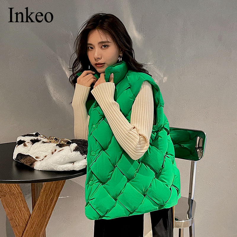 High street Knitted Sleeveless Vest Autumn Winter   Green Stand collar Puffer jacket Loose Outerwear Warm INKEO 1O197