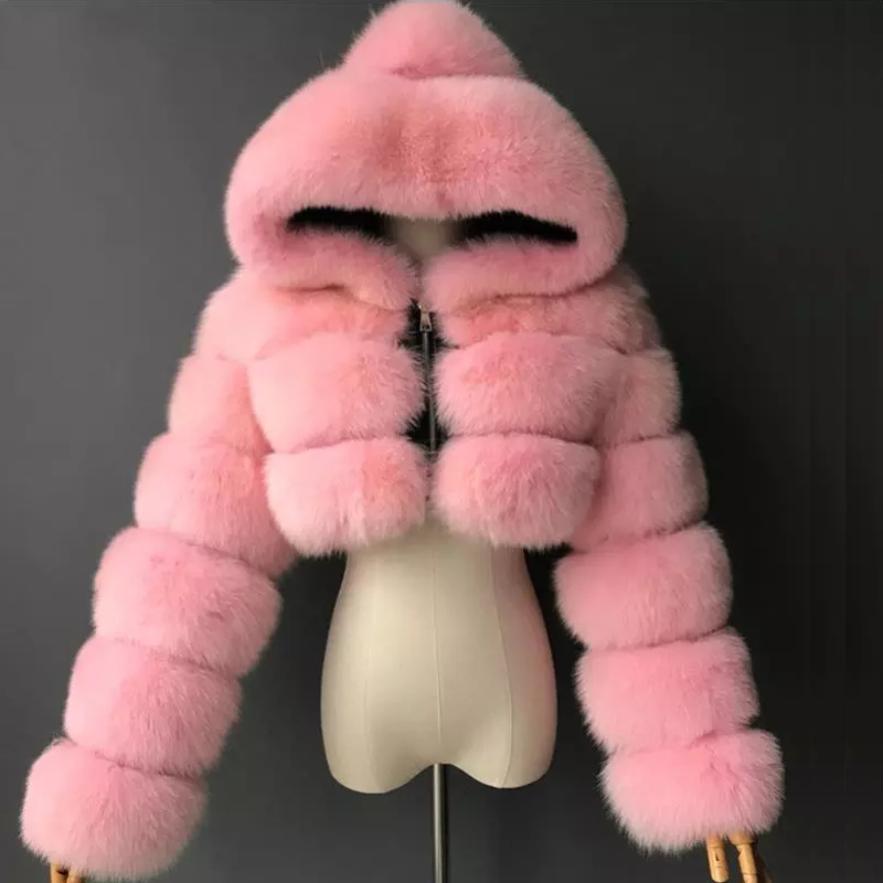 High  Furry Cropped Faux Fur Coats and Jackets Women Fluffy Top Coat With Hooded Winter Fur Jacket Manteau Femme