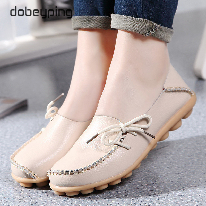 Moccasins Women Flats Autumn Woman Loafers Genuine Leather Female Shoes Slip On Ballet Bowtie Women's Shoe Size 35-44