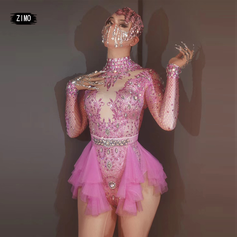  Rhinestone pink Ruffles Bodysuit Womens Big Stretch nightclub Prom Bar concert outfits Stage Singer Show dance Leotard