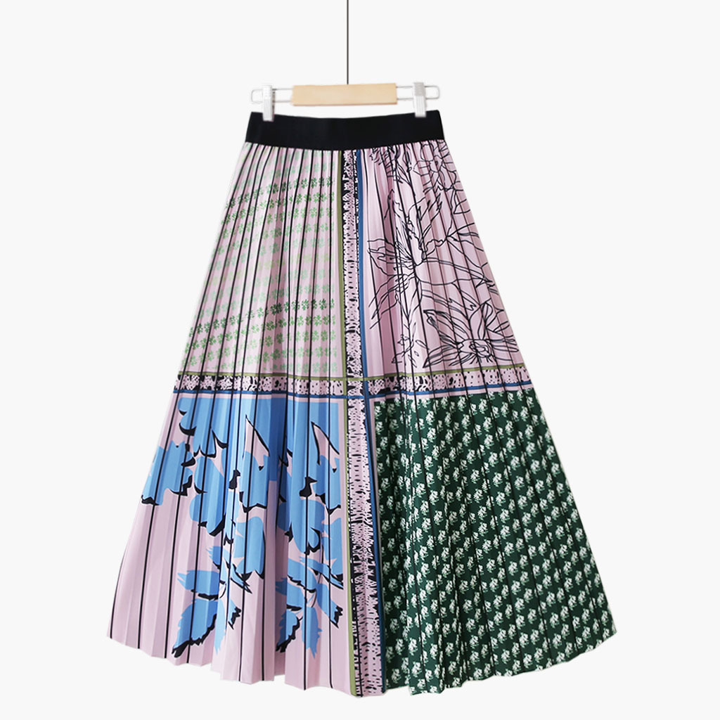 Summer  Style Striped Pleated Long Skirts Galaxy Geometric Printed A-line Calf Swing Skirts