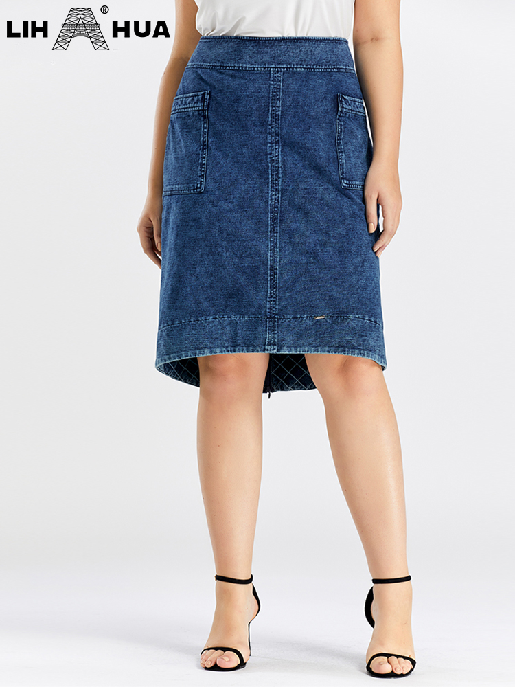 LIH HUA Women's Plus Size Denim Skirt Spring High Stretch Slim Pocket Skirt Casual  Skirt