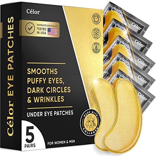 Under Eye Patches (5 Pairs) - Gold Under Eye Mask Amino Acid & Collagen for Face Care, Dark Circles and Puffiness, Beauty & Personal Care