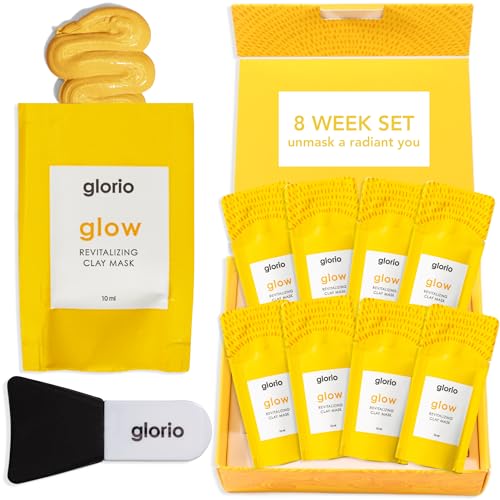 Glorio GLOW: Rare Aztec Gold Clay Face Masks - 8 Week Beauty Set - Boost Radiance & Luminosity - Vitamin C, Indian Healing Clay, Facial Skin Care Spa Gift Set, Personal Self Care Skincare Women Men