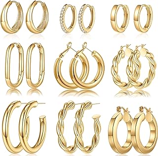 Yesteel 9 Pairs Gold Hoop Earrings for Women, 925 Sterling Silver Post 14K Real Gold Plated Chunky Hoop Earrings Set for Women Hypoallergenic Thick Lightweight Hoop Earrings for Women Gold Jewelry Gif