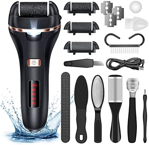 Electric Callus Remover for Feet,Rechargeable Foot File Hard Skin Remover,Waterproof 14 in1 Professional Pedicure Kit for Cracked Heels &Dead Skin,with 3 Roller Heads 2 Speed, Battery Display