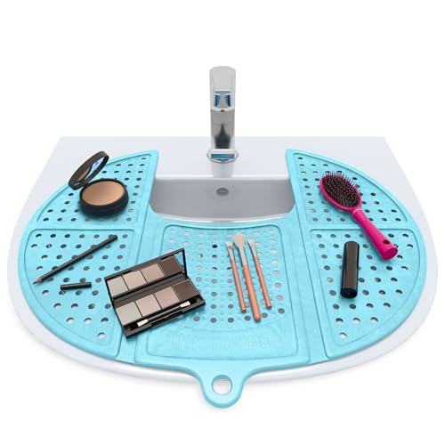 Sink Topper Foldable Sink Cover - Silicone Beauty Makeup Brush Cleaning Mat - Hot Tools Organizer - Bathroom Must Have Accessory for Extra Space & Storage Saver - Traveling - Standard, Pacific Blue