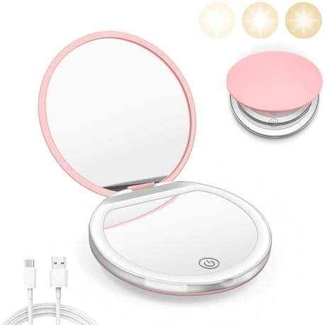 Compact Mirror with Light, 1X/3X Magnification LED Pocket Mirror with USB Data Cable, Pink Mini Mirror for Purse, Pocket,Travel and Present