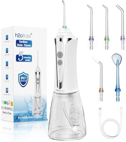 H2ofloss Water Dental Flosser Cordless, 300ML Rechargeable Oral Irrigator for Teeth Cleaning, Portable & IPX7 Waterproof Teeth Cleaner Pick for Braces Home Travel