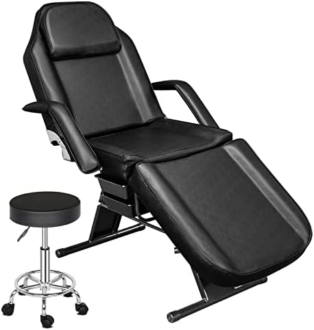 OmySalon Esthetician Salon Bed with Hydraulic Stool,Professional Massage Tattoo Table Salon Spa Equipment with Beauty Basket,Facial Beauty Barber Waxing Lash Microblading,Black