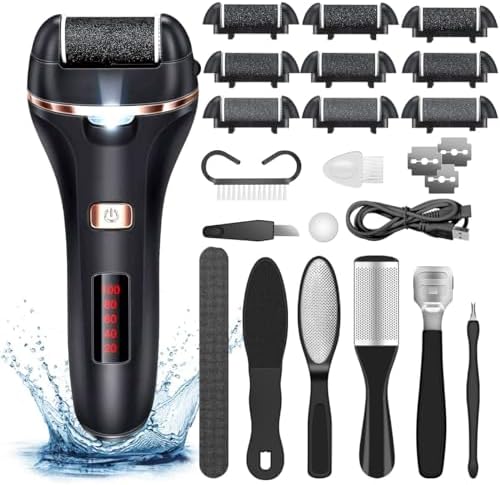 Electric Callus Remover for Feet,Rechargeable Foot File Hard Skin Remover,Waterproof 14 in1 Professional Pedicure Kit for Cracked Heels &Dead Skin,with 9 Roller Heads 2 Speed, Battery Display