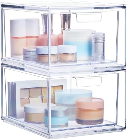 STORi Audrey Stackable Clear Bin Plastic Organizer Drawers | 2 Piece Set | Organize Cosmetics and Beauty Supplies on a Vanity | Made in USA