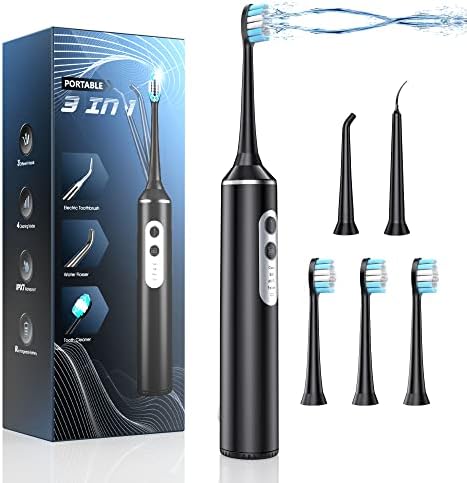 Electric Toothbrush with Water Flosser, Sonic Electric Toothbrush with 4 Brush Heads, Teeth Cleaning Kit with 4 Modes, Water Flosser Portable for Travel and Home (Black)