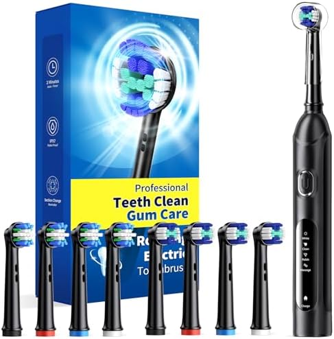 Rotating Electric Toothbrush for Adults with 8 Brush Heads (2 Types), 4 Modes Deep Clean Electric Toothbrush with Rechargeable Power and 2 Min Smart Timer, Fast Charge (Black)