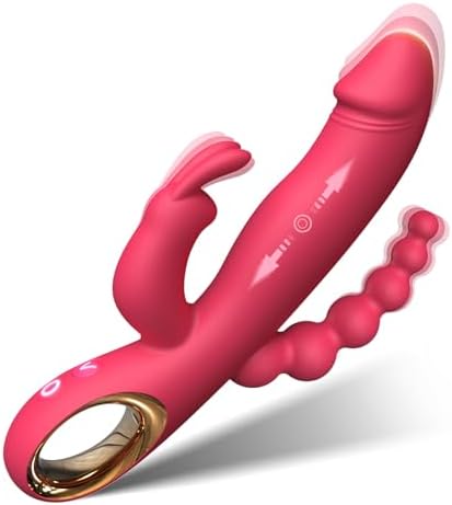 Thrusting Dildo Rabbit Vibrator Sex Toy G Spot Anal Vibrators for Women & Games, 10 Powerful Speeds & 10 Vibrating Modes Silicone Waterproof Rechargeable Vagina Stimulator Massager,Rose