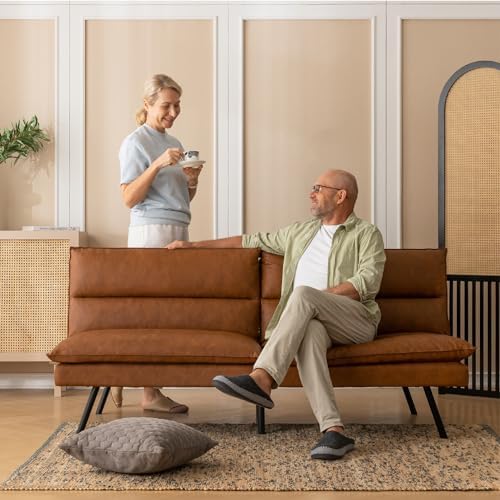 Futon Sofa Bed, Memory Foam Futon Couch with Adjustable Backrest, Multi-Functional Design Convertible Sofa Bed, Space-Saving Sleeper Sofa for Living Room(Brown-PU)