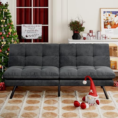 Convertible Futon Sofa Bed, 68" Memory Foam Detachable Futon Sofa Couch,Adjustable Backrest,Linen Fabric Folding Small Loveseat Sleeper for for Living Room,RV,Office,Apartment,Dark Black