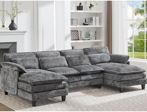 110" U Shaped Couch, 4 Seat Cloud Couch, High Dense Memory Foam with Double Chaise Lounge & Memory Foam U Shape Sectional Sofa for Living Room (Deep Grey)