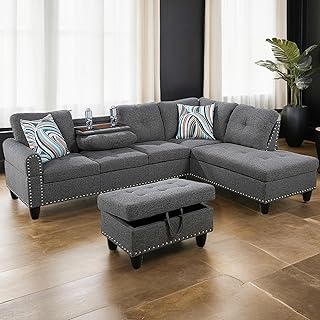 L Shaped Sectional Sofa with Ottoman, Nail-Head Design Linen Right Facing Modern Couches with Cup Holder for Living Room, Bedroom, Office