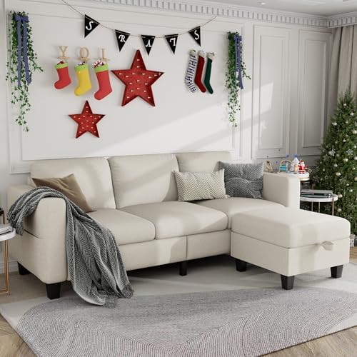 Couches for Living Room - Sectional Sofa L Shaped Cloud Couch-Small Modular 3 Seat-Comfy Linen with Storage Deep Seat Sofa,Washable Covers-Suitable for Living Room-Apartment-Office-Bedroom-Beige