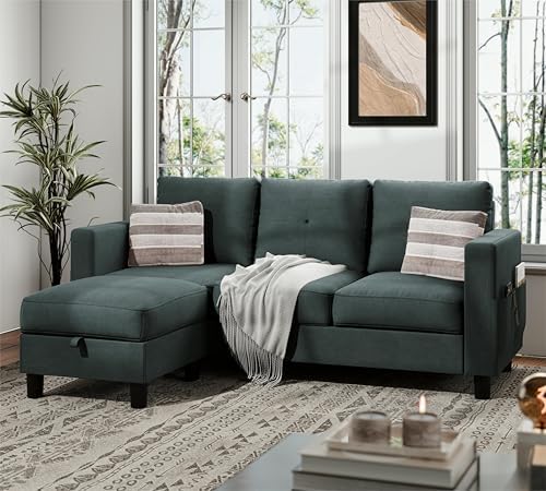 JAMFLY Sectional Sofas Couches for Living Room, L Shaped Couch with Storage Sofa Set, Small Couches for Small Spaces with Movable Ottoman, Dark Grey