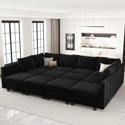 Belffin Oversized Modular Sectional Couch Sleeper Sectional Sofa with Storage Velvet Sectional Sofa Bed for Living Room, 12 Seats, Black