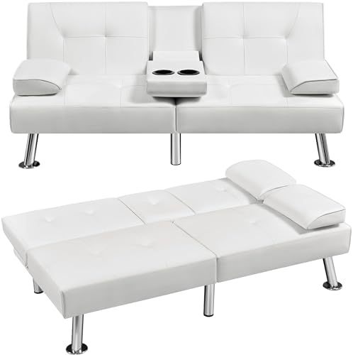 Yaheetech Convertible Sofa Bed Adjustable Couch Sleeper Modern Faux Leather Home Recliner Reversible Loveseat Folding Daybed Guest Bed, Removable Armrests, Cup Holders, 3 Angles, 772lb Capacity, White