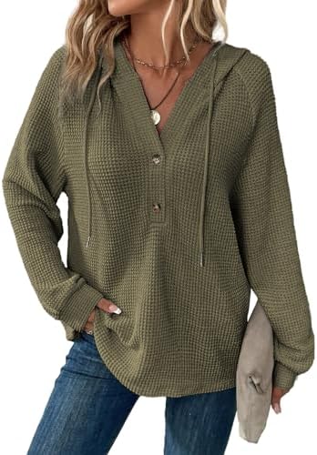 Dokotoo Hoodies for Women Waffle Knit Long Sleeve Drawstring Button V Neck Casual Pullover Sweatshirt Hooded Tops