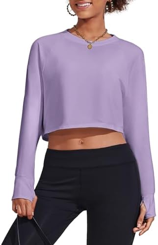 PINSPARK Womens Long Sleeve Cropped Tops Crewneck Casual Crop Sweatshirts Loose Fit Pullover T-Shirts with Thunmhole