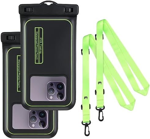 MYBAT PRO 2 Pack IPX8 Waterproof Phone Pouch (Regular Size), Cell Phone Dry Bag with Detachable Lanyard, Universal Floating Waterproof Phone Case for iPhone 15 Pro Max/14/13/S24 Ultra/S23, Black/Green