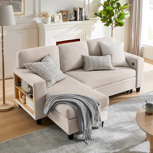 RedLemon 80”Sleeper Sofa Bed,L-Shaped Convertible Sectional Couch Bed with Storage Chaise,2 Built-in Bookshelves and USB Charging Port - Beige