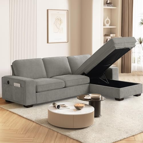 99" Convertible Sectional Sofa Couches for Living Room,Modern L Shaped Couch,Comfy Chenille Cloud Couch Sectional with Reversible Storage Chaise,Removable Cushion Cover,USB&Type-c Ports(Gray)
