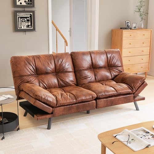 Futon Sofa Bed Couch Convertible Sofa, Memory Foam Futon Sleeper Sofa Loveseat Convertible Couch Bed for Small Compact Living Spaces,Apartment,Brown Faux Leather