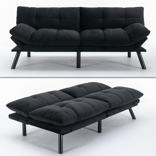 71" Velvet Futon Couch Bed with Mattress Included,Convertible Folding Sleeper Sofa Bed with Adjustable Backrests,Modern Loveseat Sleeper for Living Room Bedroom Small Space Home Office (Black)