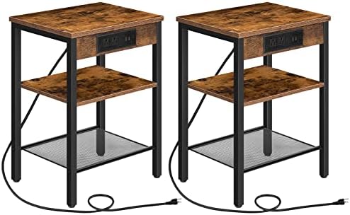 HOOBRO End Tables Set of 2 with Charging Station and USB Ports, 3-Tier Nightstands with Adjustable Shelf, Small Side Tables for Small Space in Living Room, Bedroom, Rustic Brown BF112BZP201
