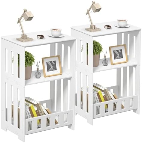Side Table Nightstand Set of 2, 3-Tier Narrow End Table with Display Shelf, Simple Bedside Table Storage Rack for Bedroom, Living Room, Office, Bathroom, White