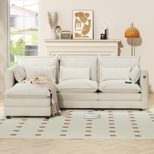 EDWELL Modular Sectional Sofa, Convertible L Shaped Couches with USB & Type-C Ports, Modern Upholstered 3-Seater Sectional Couch with Moveable Ottoman, Comfy Cloud Couch for Living Room, Beige