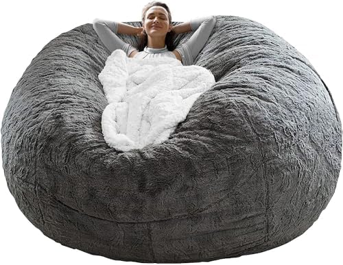Giant Bean Bag Chair Cover(No Filler),Oversized Round Soft Fluffy PV Velvet Washable Lazy Sofa Bean Bag Bed Cover for Adults, Living Room Bedroom Furniture Outside Cover (Light Gray, 6FT)