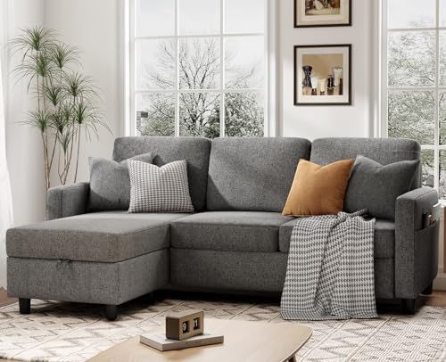 KKL Sectional Sofa, Convertible Couch with Movable Chaise, Storage Ottoman, L Shaped Couch for Small Space, Apartment Couch, Couches for Living Room, Linen, Grey