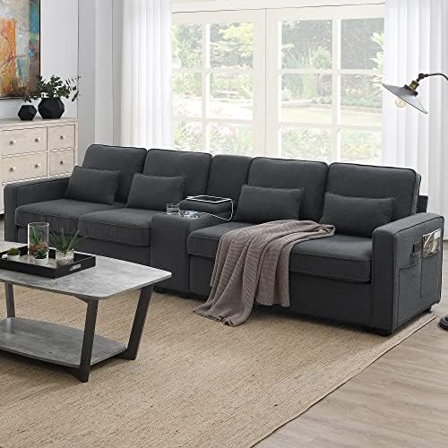 Livavege Upholstered Sectional Sofa with Console, 2 Cup Holders and 2 USB Ports & Wirelessly Charged, Modern Linen Fabric 4-Seat Couch with 4 Pillows for Living Room, Apartment, Office, 114.2inch