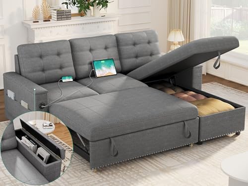 YITAHOME Pull Out Couch, L Shaped Sleeper Sofa Bed Couch Convertible with USB and Type C Charging Ports, Storage for Living Room Office Home, Dark Grey