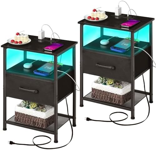 Nightstands Set of 2 with Fast Charging Station and Drawer, End Table Bedside Table with 20 Colors LED Light Strip and 2 Layers Shelf for Bedroom Living Room Sofa Couch (Black)